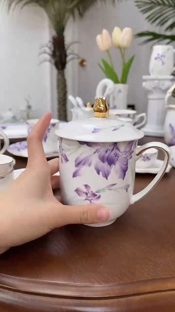 杯紫苑骨骨瓷带盖马克杯