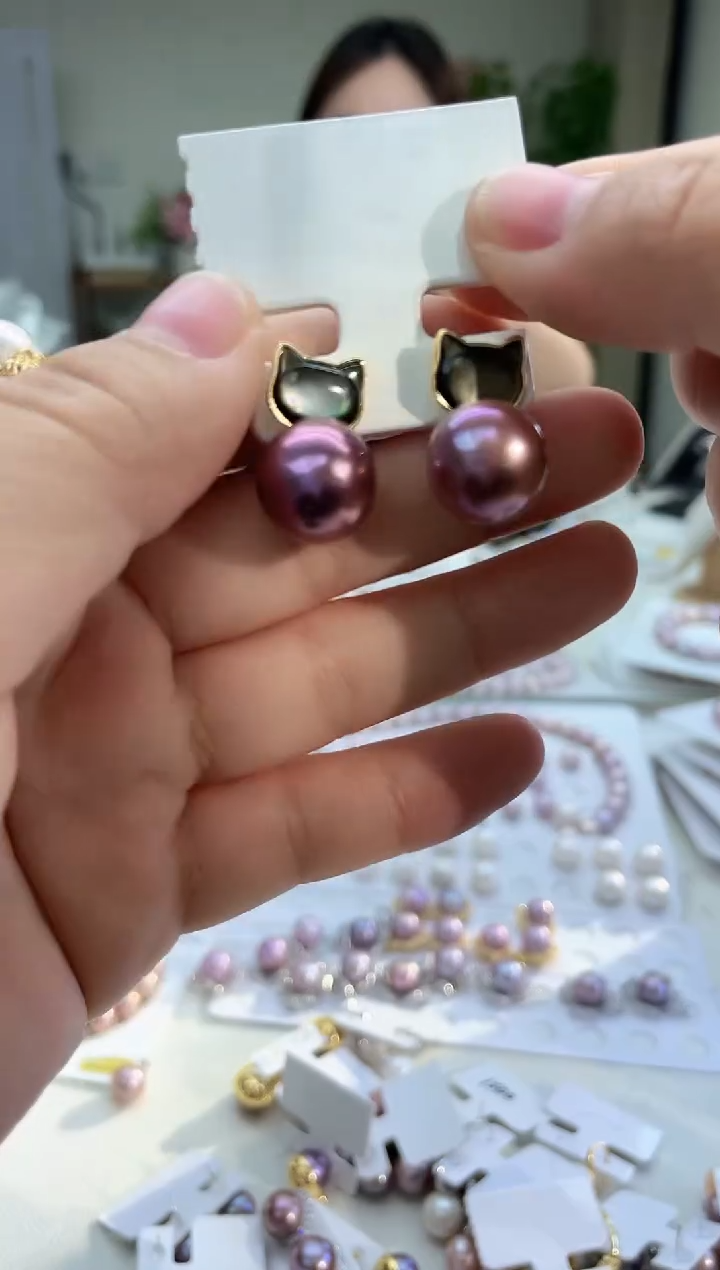 未镶嵌耳饰淡水珍珠紫色系 黑猫13mm+