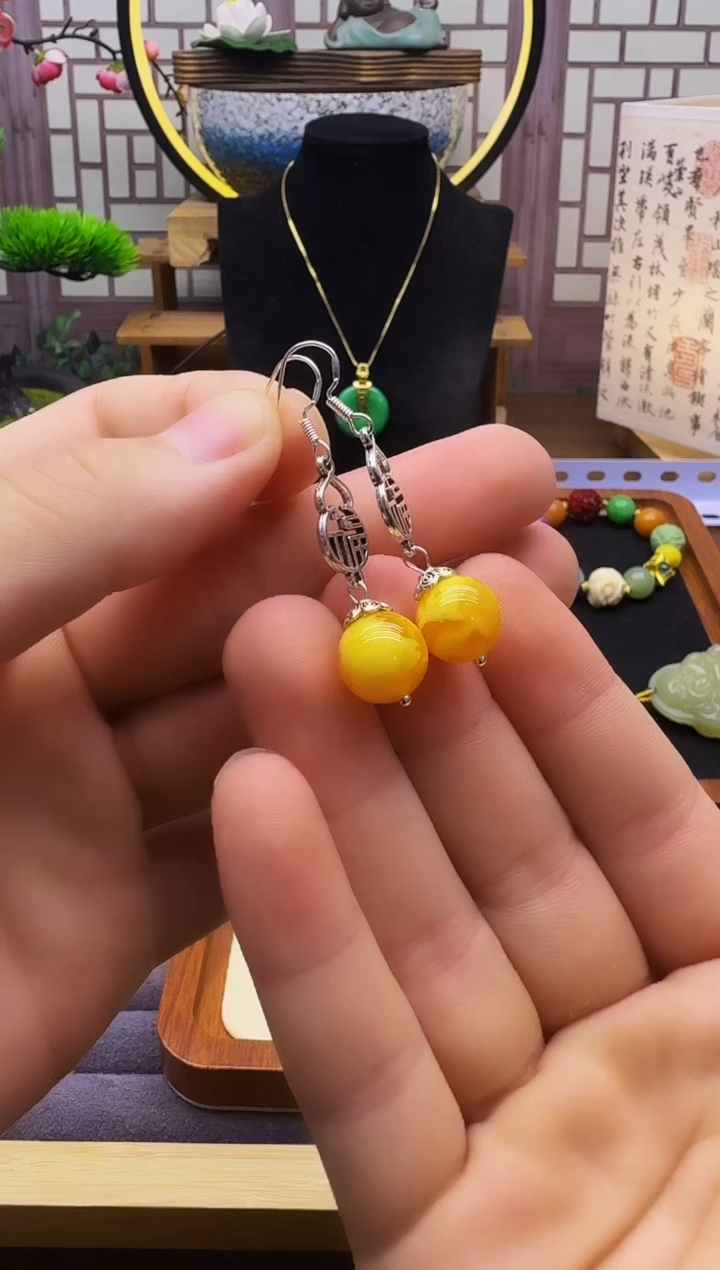 银S925镶嵌蜜蜡耳饰E57