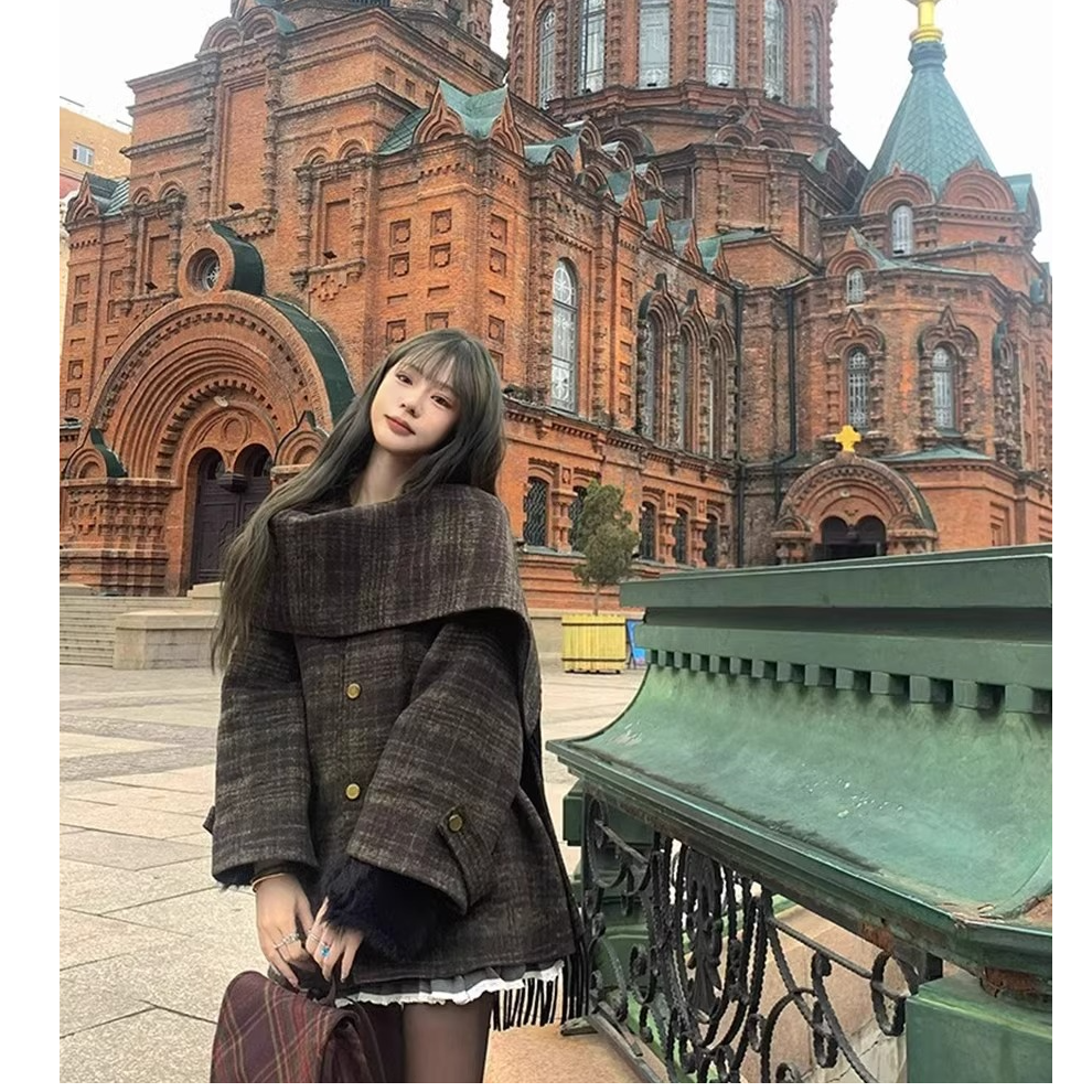 氛围感女主 格纹毛呢外套女冬季2025新款韩版小个子大衣斗篷披肩