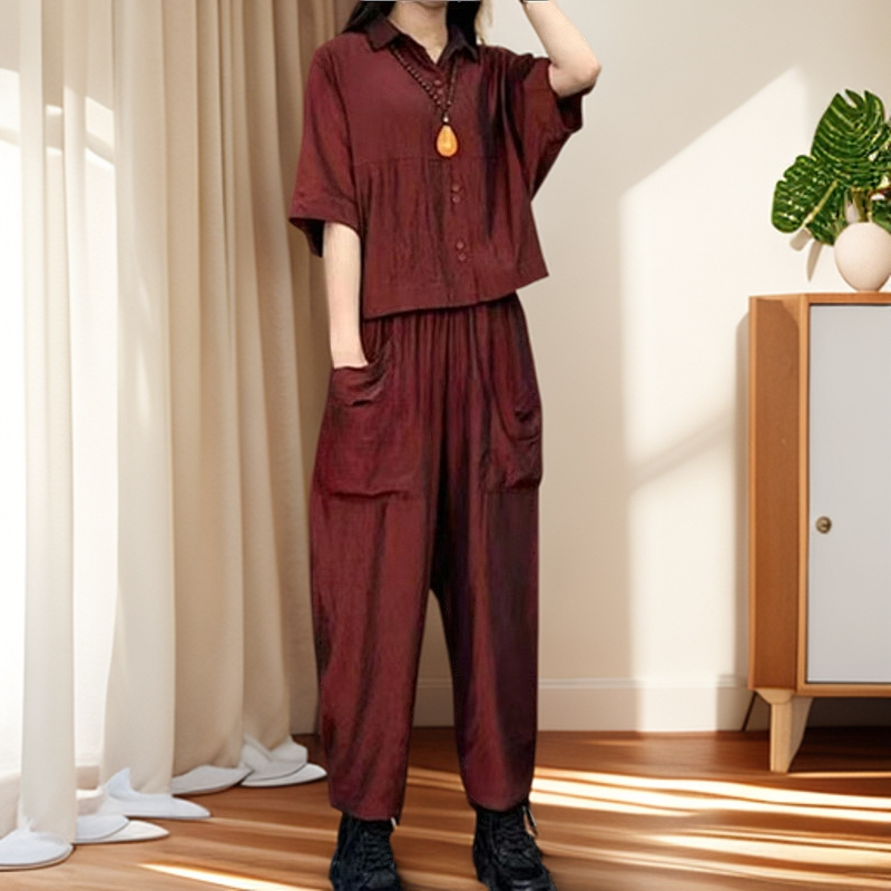 夏季洋气质时尚纯色显瘦宽松复古时尚减龄大码套装蝙蝠衫两件套女