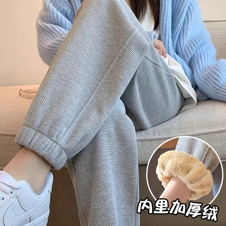 潮利华夫格运动裤女春秋束脚宽松2024款灰色卫裤冬季加绒休闲裤子