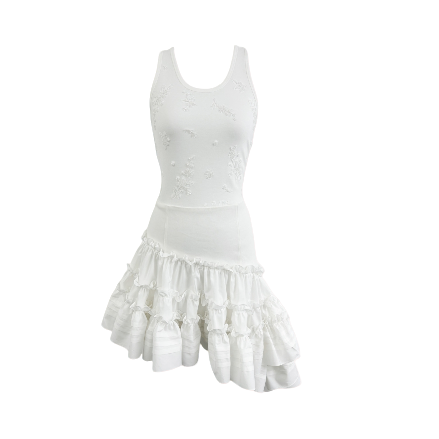 【XSY】XTH斜裙摆低腰背心刺绣碎花U领芭蕾风法式吊带连衣裙