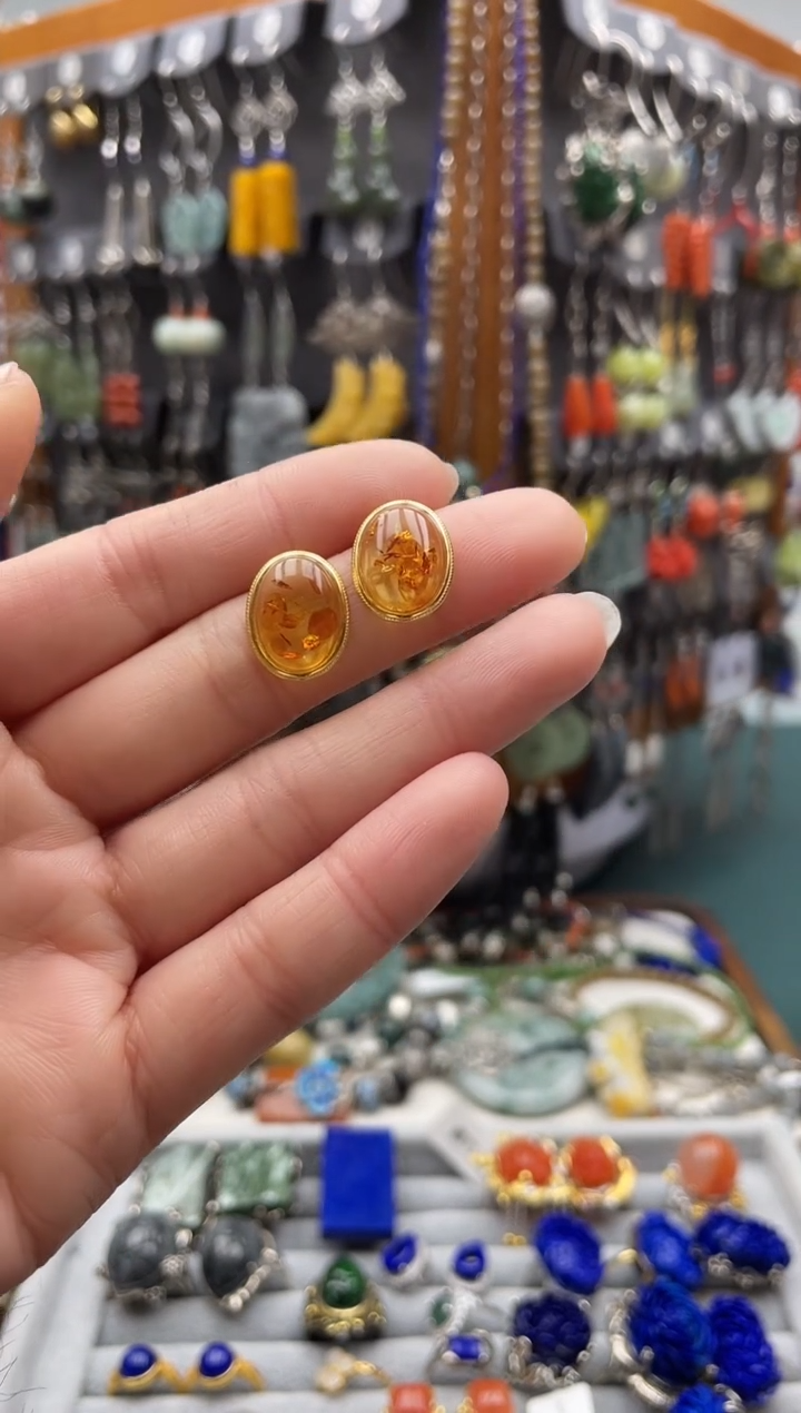 【闪购商品】琥珀（花珀）耳饰银S925镶嵌饰品