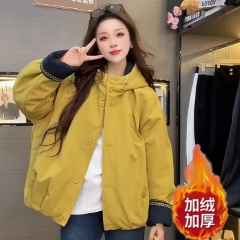 【现货＋运费险】加绒加厚款宽松连帽冲锋衣上衣冬季短棉外套女