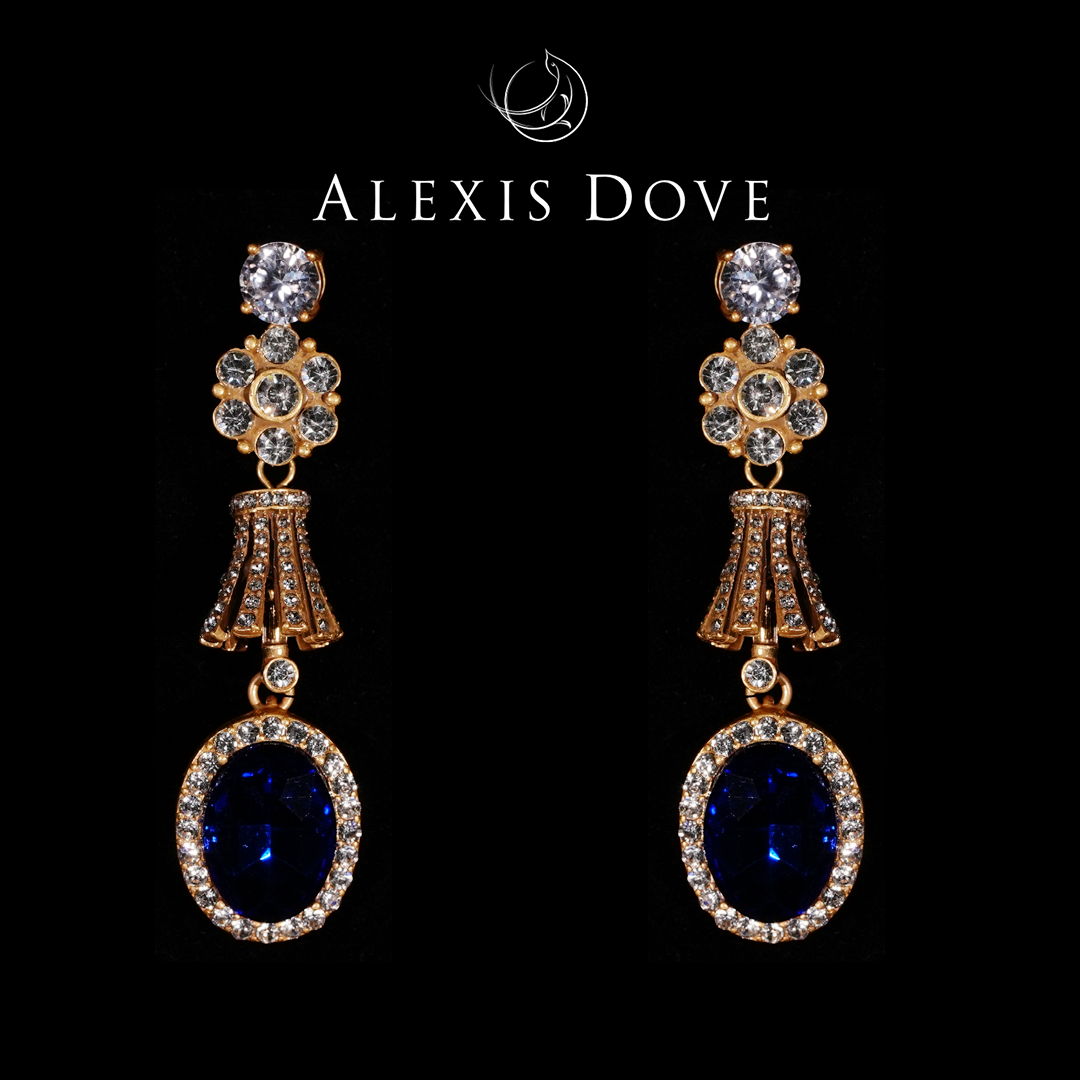 铜合金合成锆石耳饰 复古西洋满镶蓝色水滴花朵耳钉【乐亿】