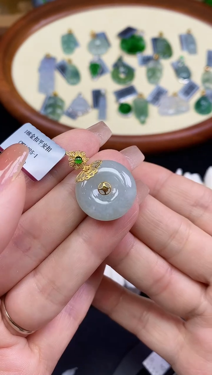 吊坠(不含链)18K金镶嵌翡翠平安扣18K金扣镶嵌@@CMT1385-1