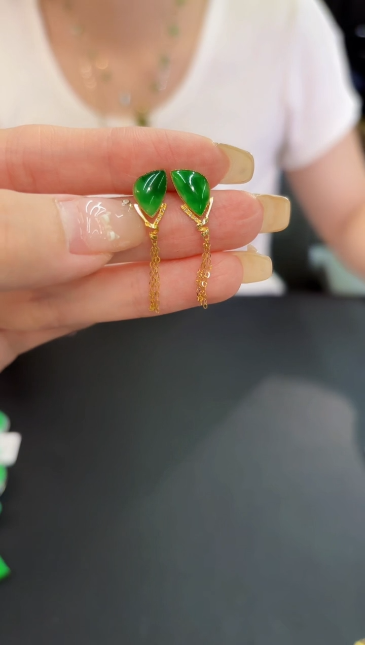 翡翠18K金镶嵌耳饰 缅料A货/支持复检/一件