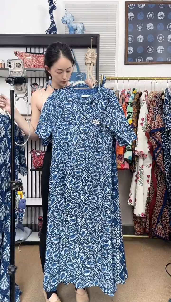 【闪购商品】457印度长绒棉蓝染斜襟长裙120cm