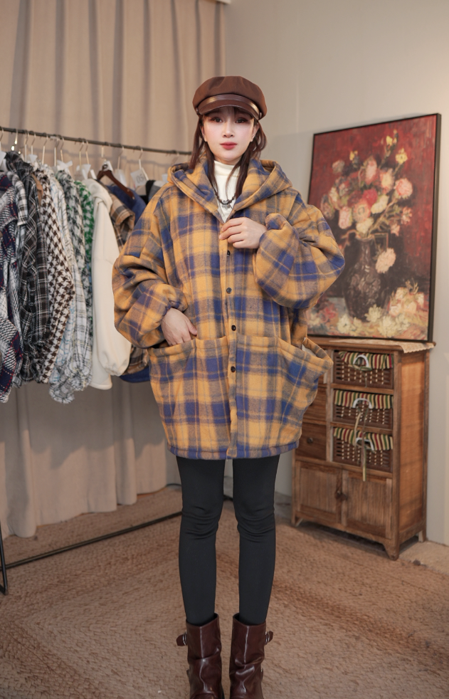 【木森】【晴山】 冬季加绒加厚黄蓝色拼接格子连帽四兜款女外套S294