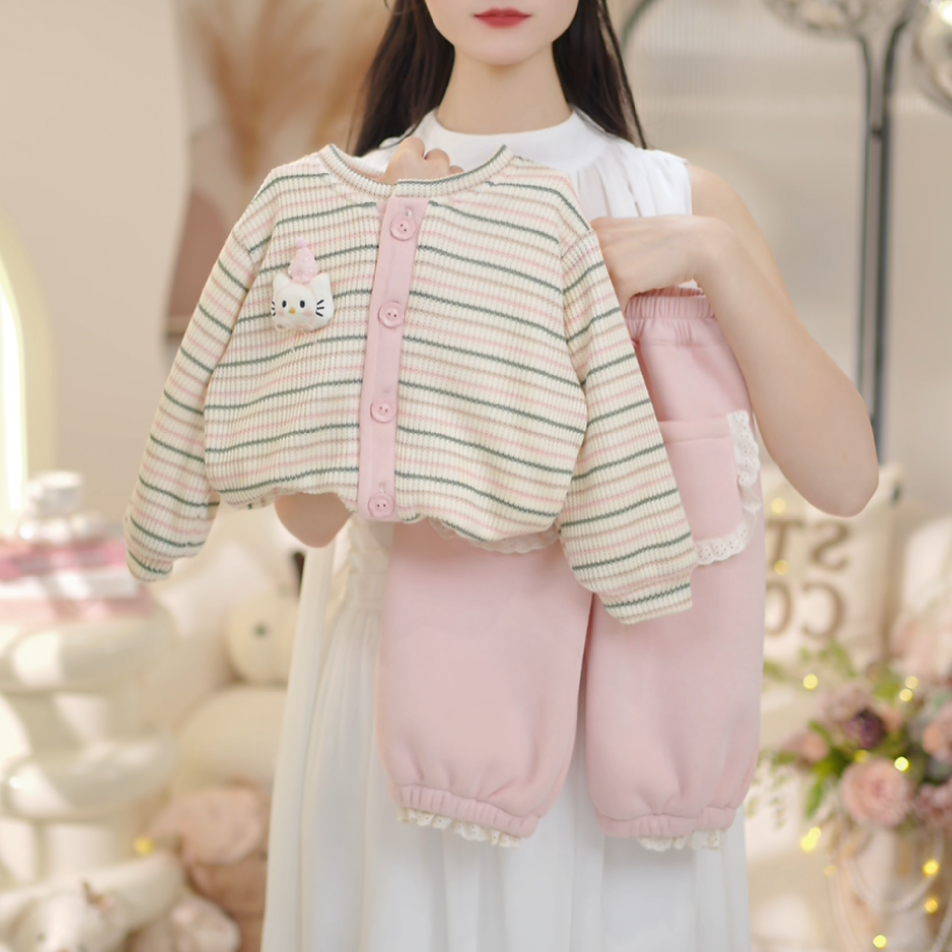 【现货】女童2025秋冬季新款条纹针织开衫+加绒裤两件套C23861