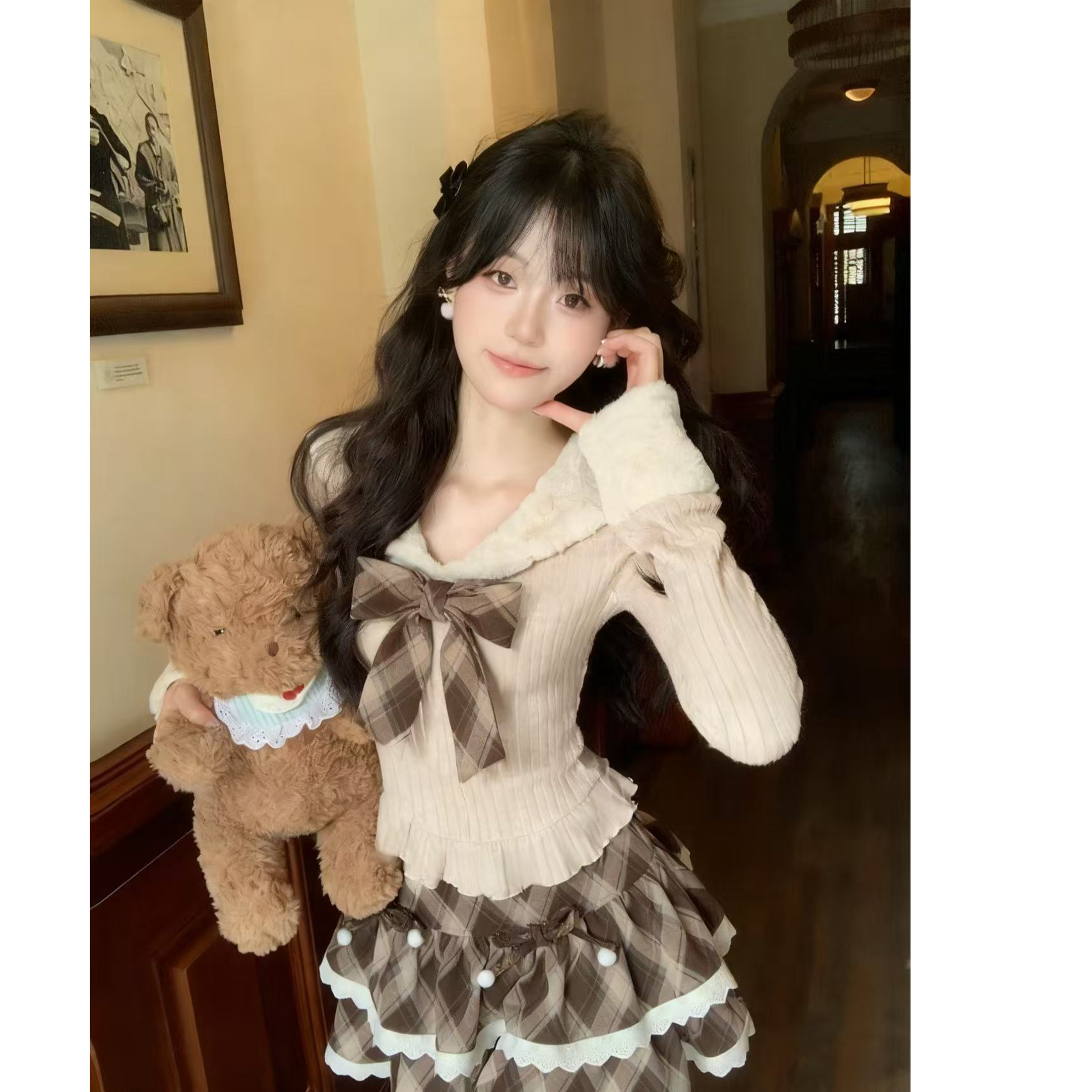 摩卡甜心日系少女仿兔毛拼接磨毛针织衫蓬蓬花边格纹半裙两件套潮