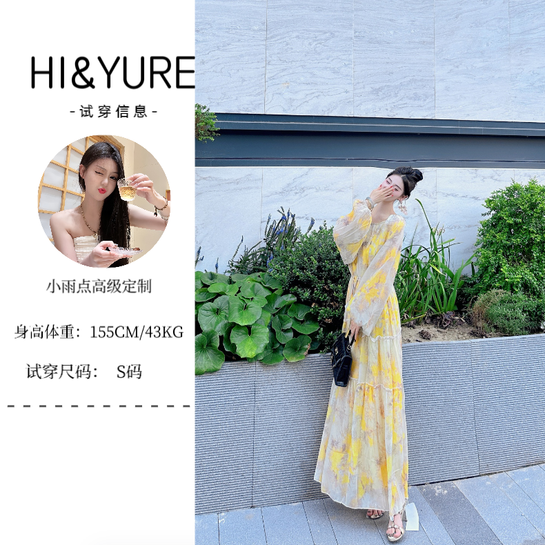 气质碎花夏季法式系带秋季显瘦泡泡袖抗起球连衣裙