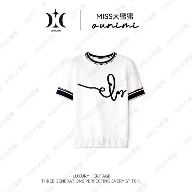 欧倪蜜 OUNIMI 【墨白双韵】法式高级感圆领随笔撞色针织短袖X-2039