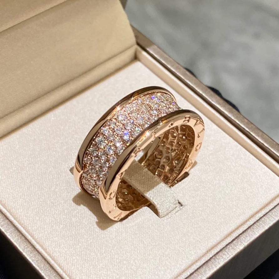 99新 BVLGARI/宝格丽 小花柳 18K玫瑰金 弹簧戒指 满钻大蛮腰 57