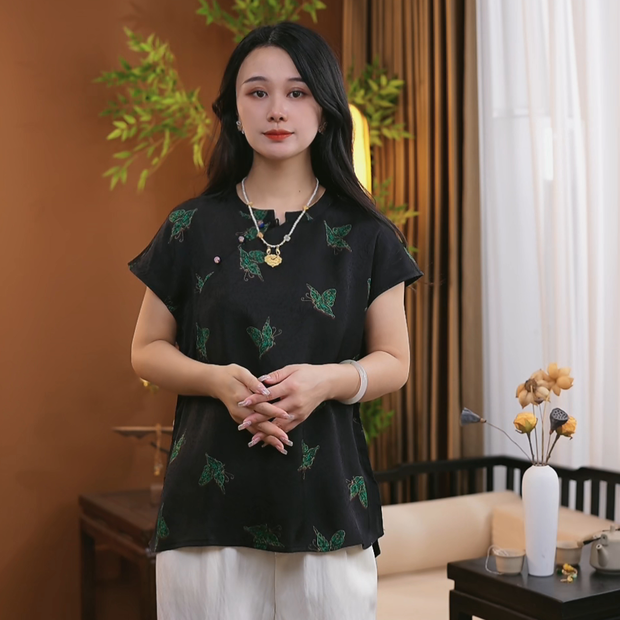 夏季新中式桑蚕丝盘扣短袖时尚提花中国风百搭上衣女S254