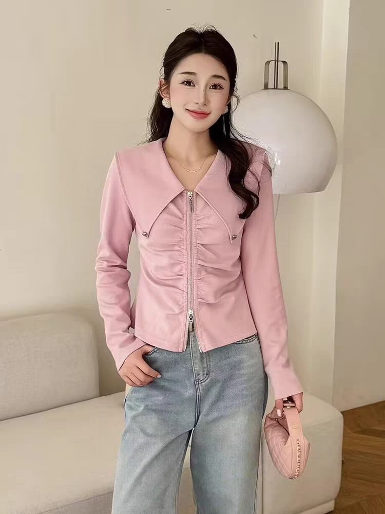 女春季2025年新款双拉链娃娃领修身短款上衣长袖显瘦