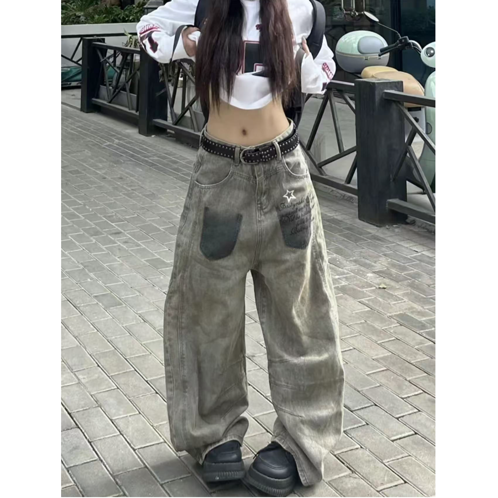 复古女式美式工装牛仔裤女2025秋季高腰显瘦宽松直筒阔腿拖地裤子