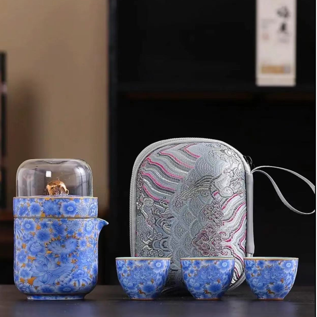 寻也造物 珐琅彩金地蓝万花一壶三杯