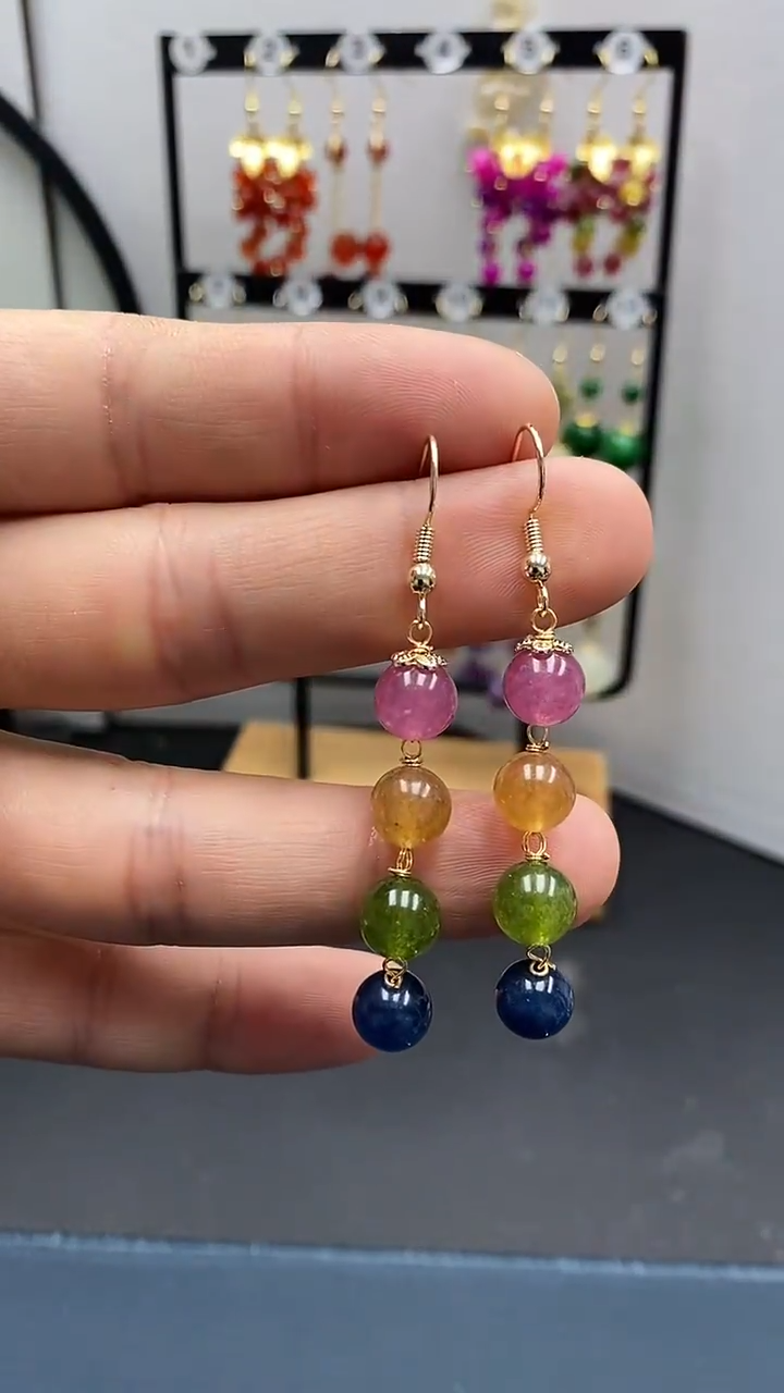 【闪购商品】碧玺耳饰银S925镀金镶嵌尺寸8mm连珠Q3