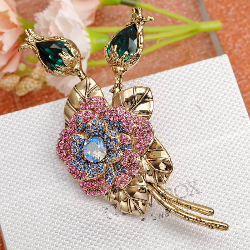 铜仿水晶胸针 高定施华水晶复古重工满镶山茶花精致胸针