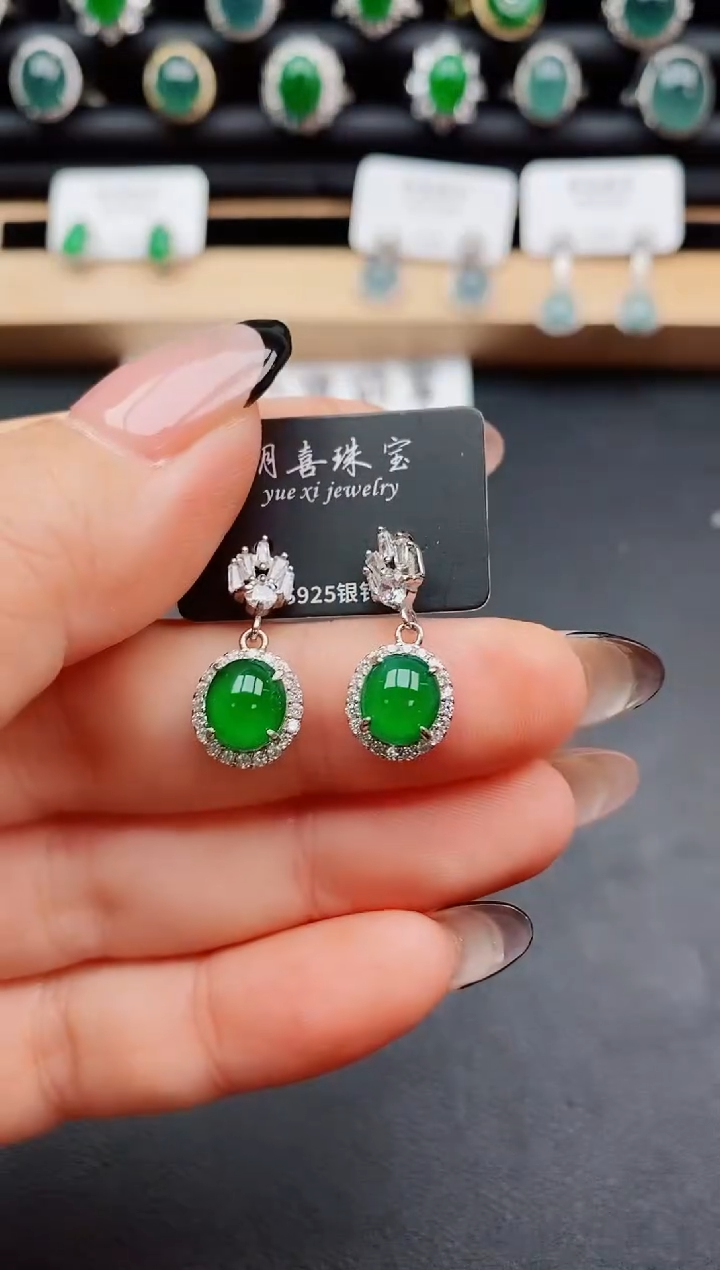 翡翠银S925镶嵌耳饰08500