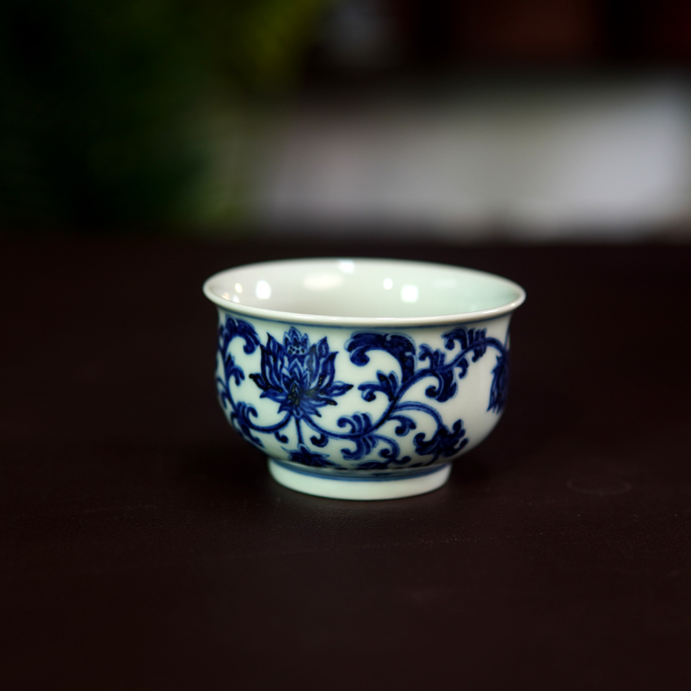 言瓷有理柴窑缠枝花卉手工手绘主人杯