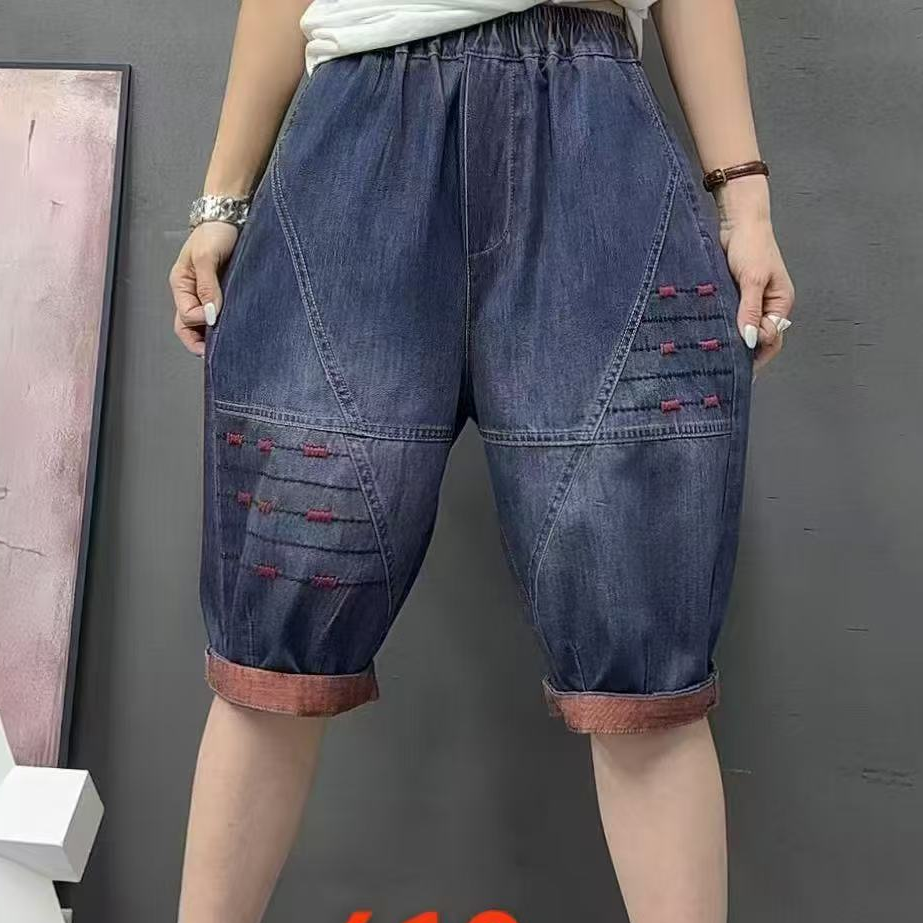 2025夏季爆款高腰红线刺绣牛仔中裤显瘦遮胯冰感透气不闷百搭休闲