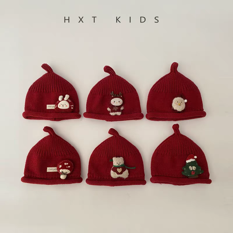 婴儿毛线帽秋冬季洋气红色奶嘴帽小月龄宝宝保暖套头圣诞针织帽冬