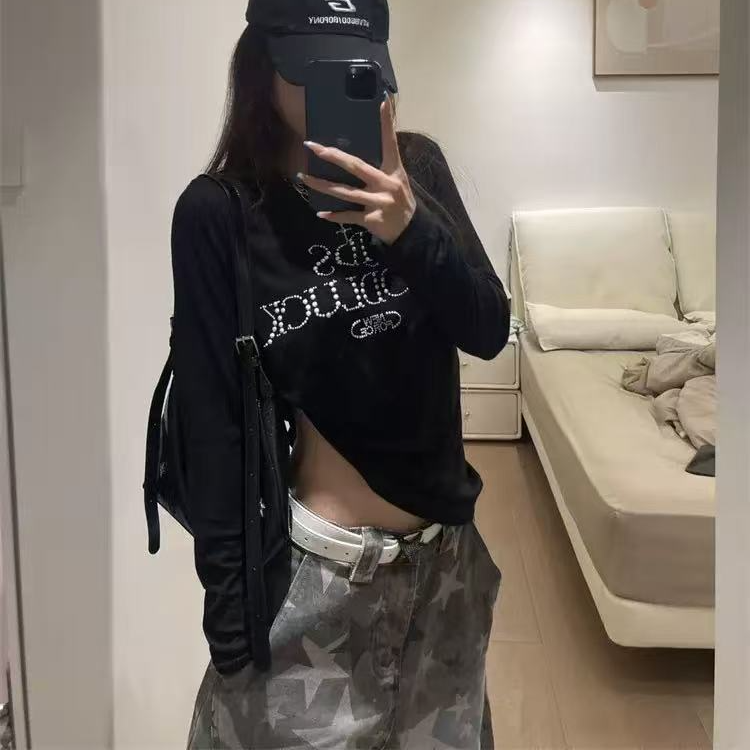 黑色美式设计感珍珠烫钻圆领长袖T恤女春秋薄款休闲百搭微透罩衫