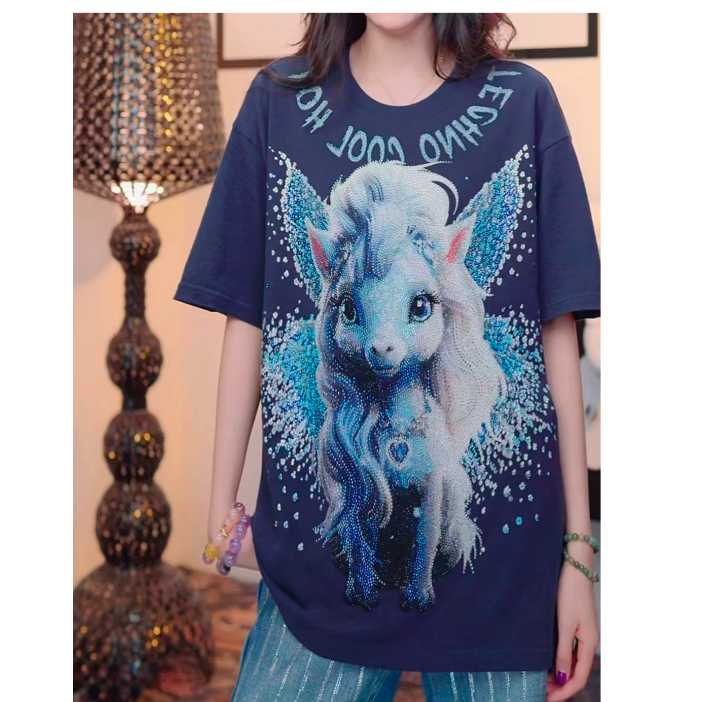 TCH【时尚潮牌】时尚百搭独角兽潮流烫钻藏青色短袖T恤T78B106001