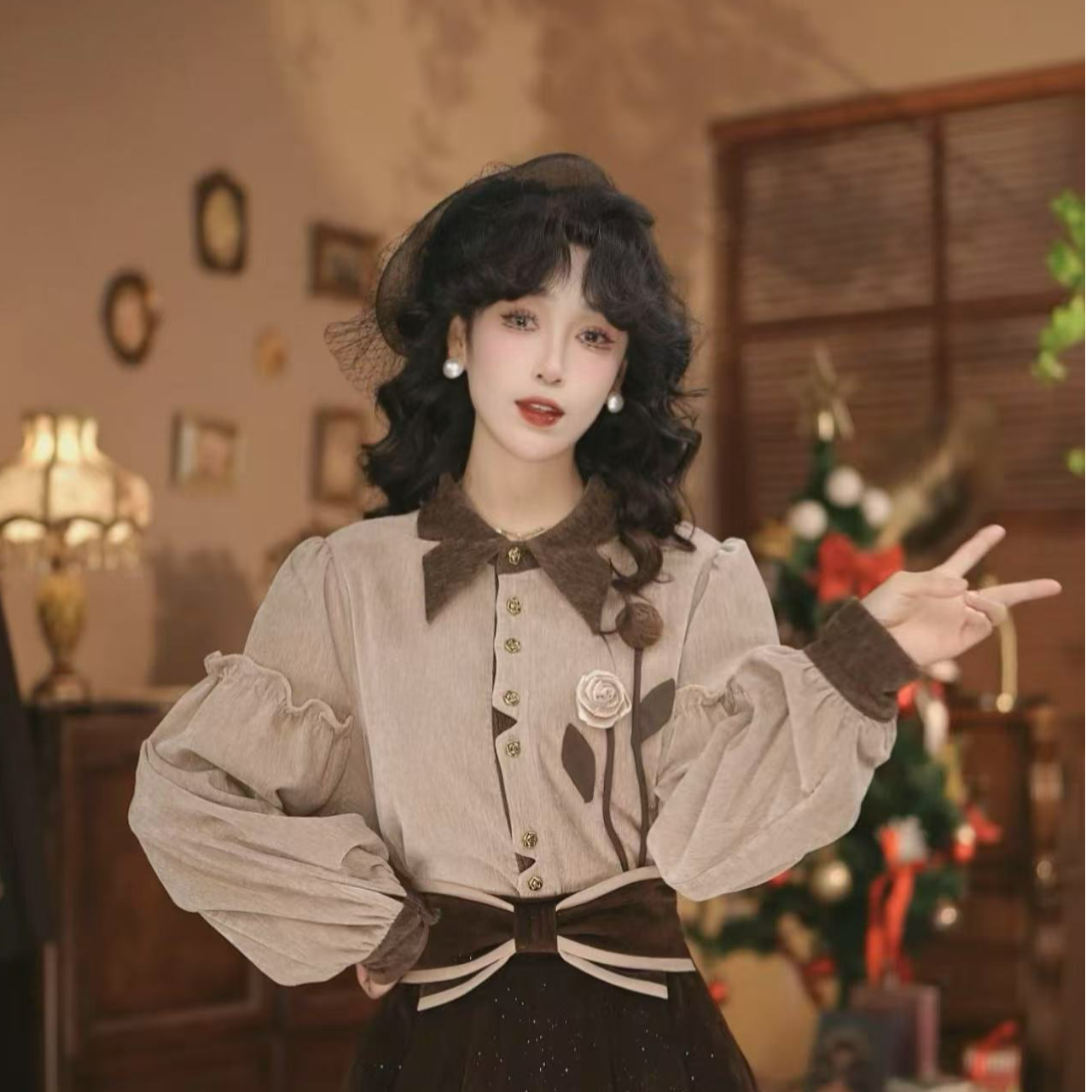 （现货）美丽【听弦断】港味复古显瘦气质设计感上衣28726