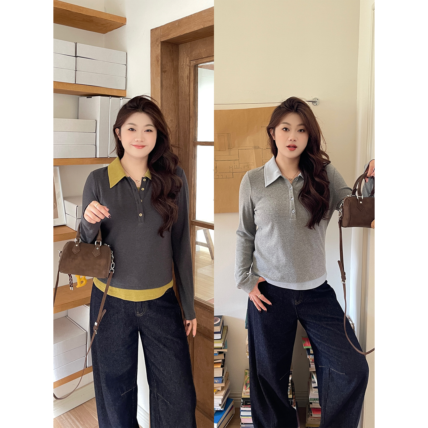裂渡宣宣【清风叙】微胖大码女秋百搭显瘦撞色领针织T恤ZY507V45