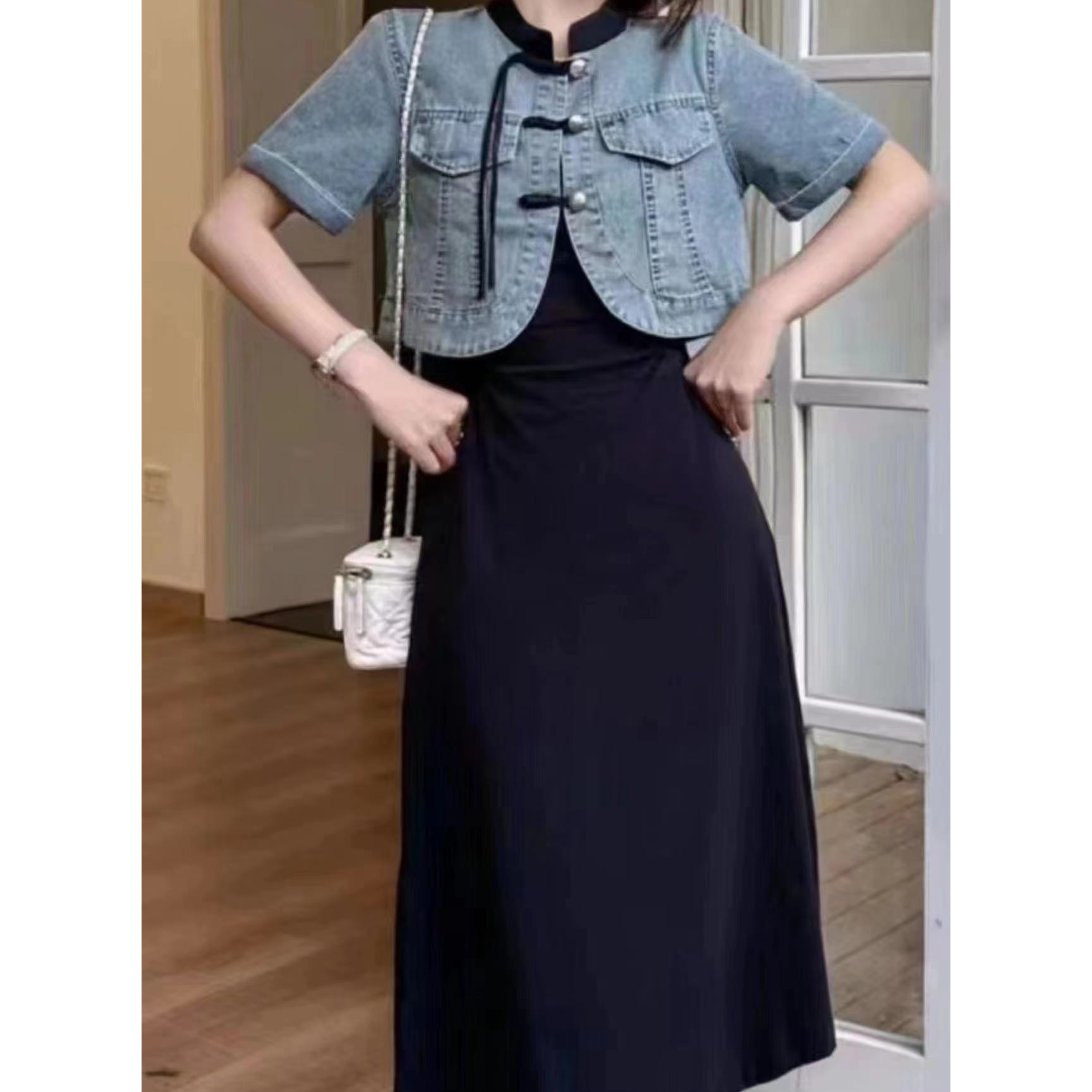 8807【衣长37裙长108】新中式国风短袖牛仔外套吊带连衣裙新款套装