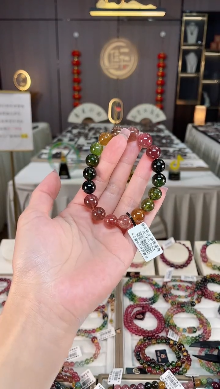 未镶嵌冰透体老矿色标碧玺彩虹单圈手串11mm+碧玺hon多样性发一条