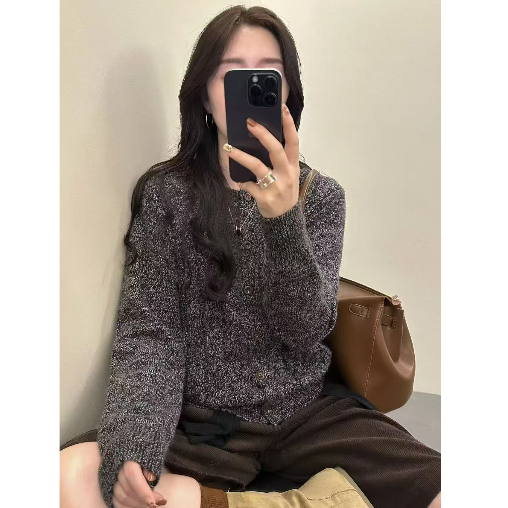 女针织冬圆领开衫双色针织衫时尚套头