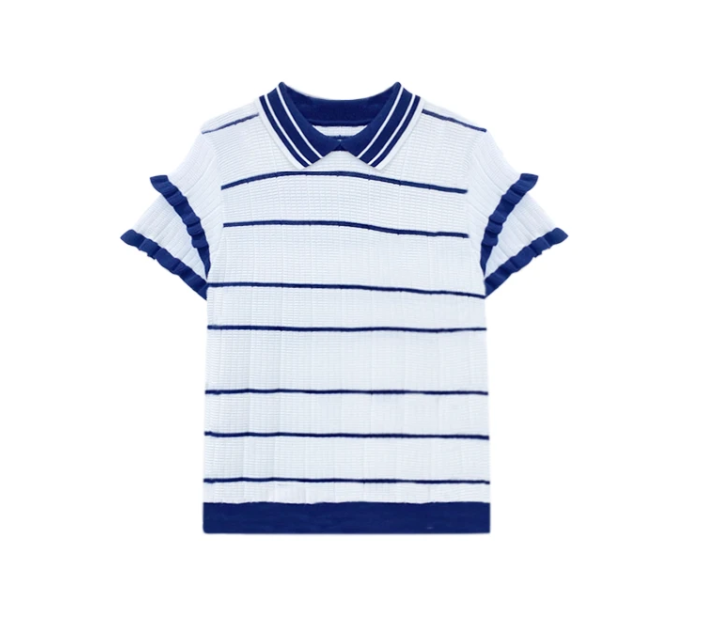 5232短袖女夏季木耳边双层袖翻领胸前字母刺绣上衣薄款