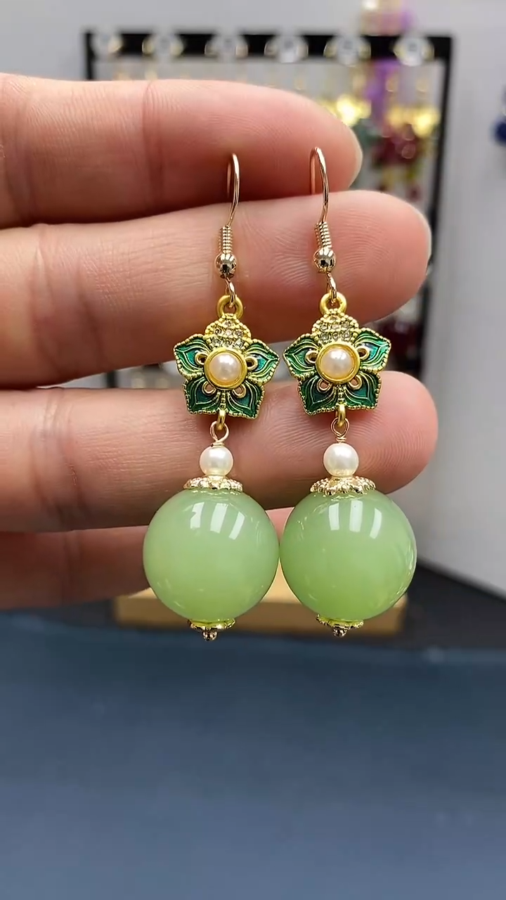 【闪购商品】和田玉耳饰银S925镀金镶嵌尺寸16mmQ1