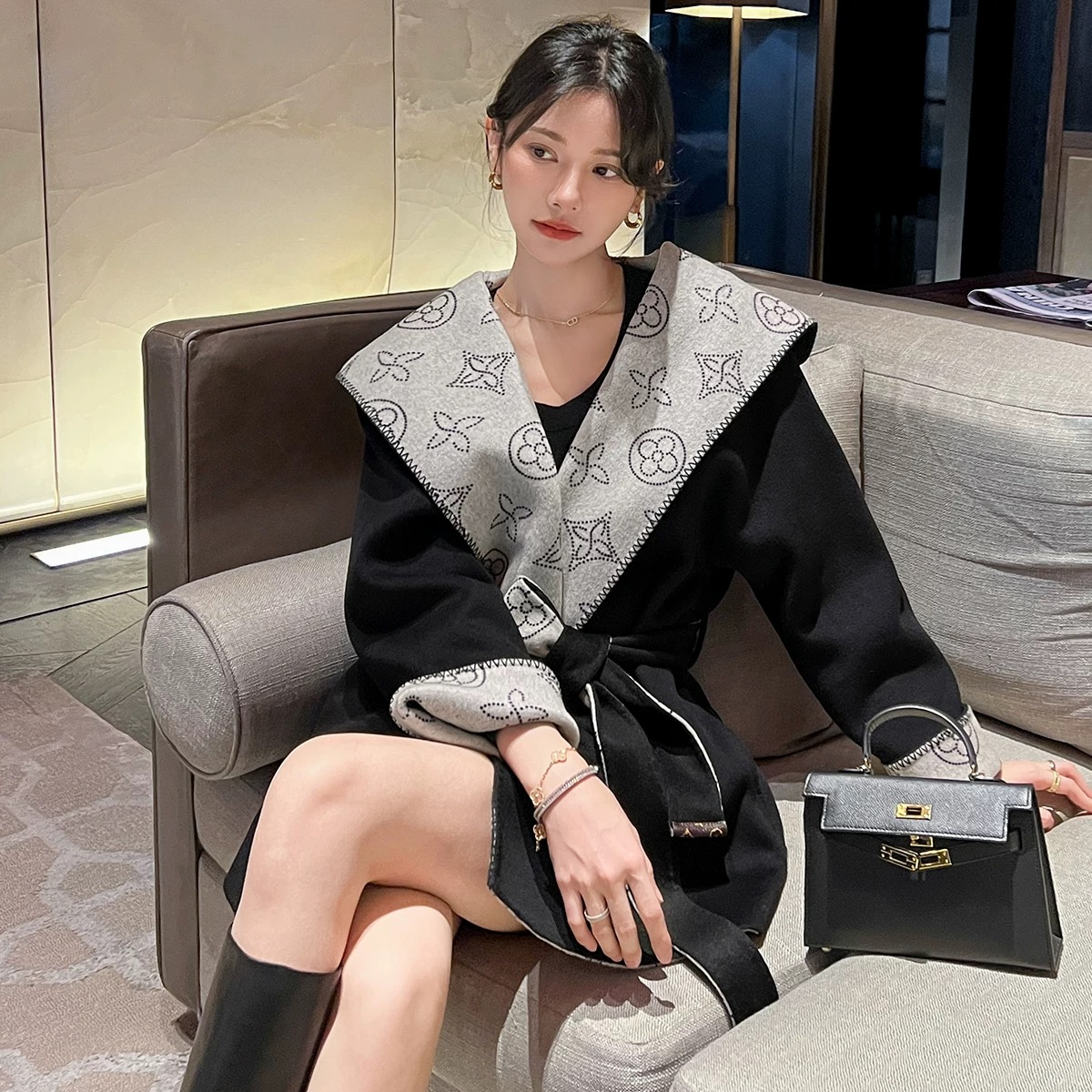 驴家老花拼皮名媛风高端气质双面呢大衣1364