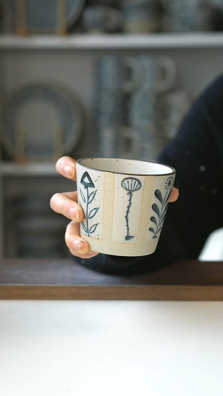 陶"粗陶手绘百草花猪口杯 220ml@7-7@