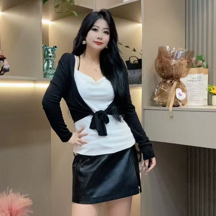 秋季两件套-点 1102秋季时尚大码气质女人必备撞色百搭两件套上衣