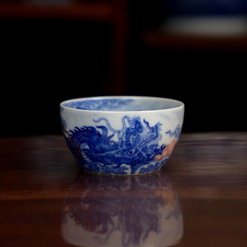 自成堂柴窑青花双龙主人杯景德镇陶瓷大容量杯穿花龙单杯家用茶具