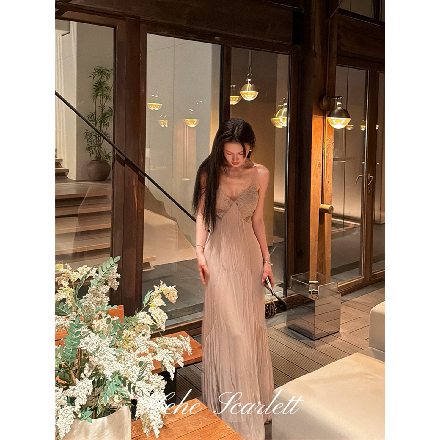 你的呵呵scarlett｜法式纯欲网纱褶皱6A级人丝吊带连衣裙