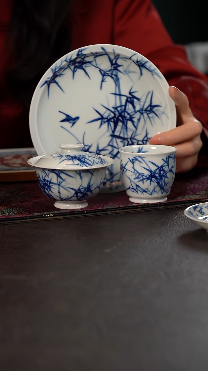 厚力煊清风竹 三件套折沿壶承盖碗佛手杯