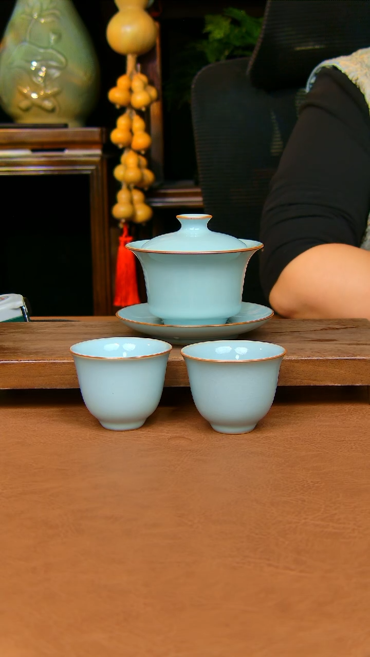 瓷片马蹄盖碗加两杯全手工