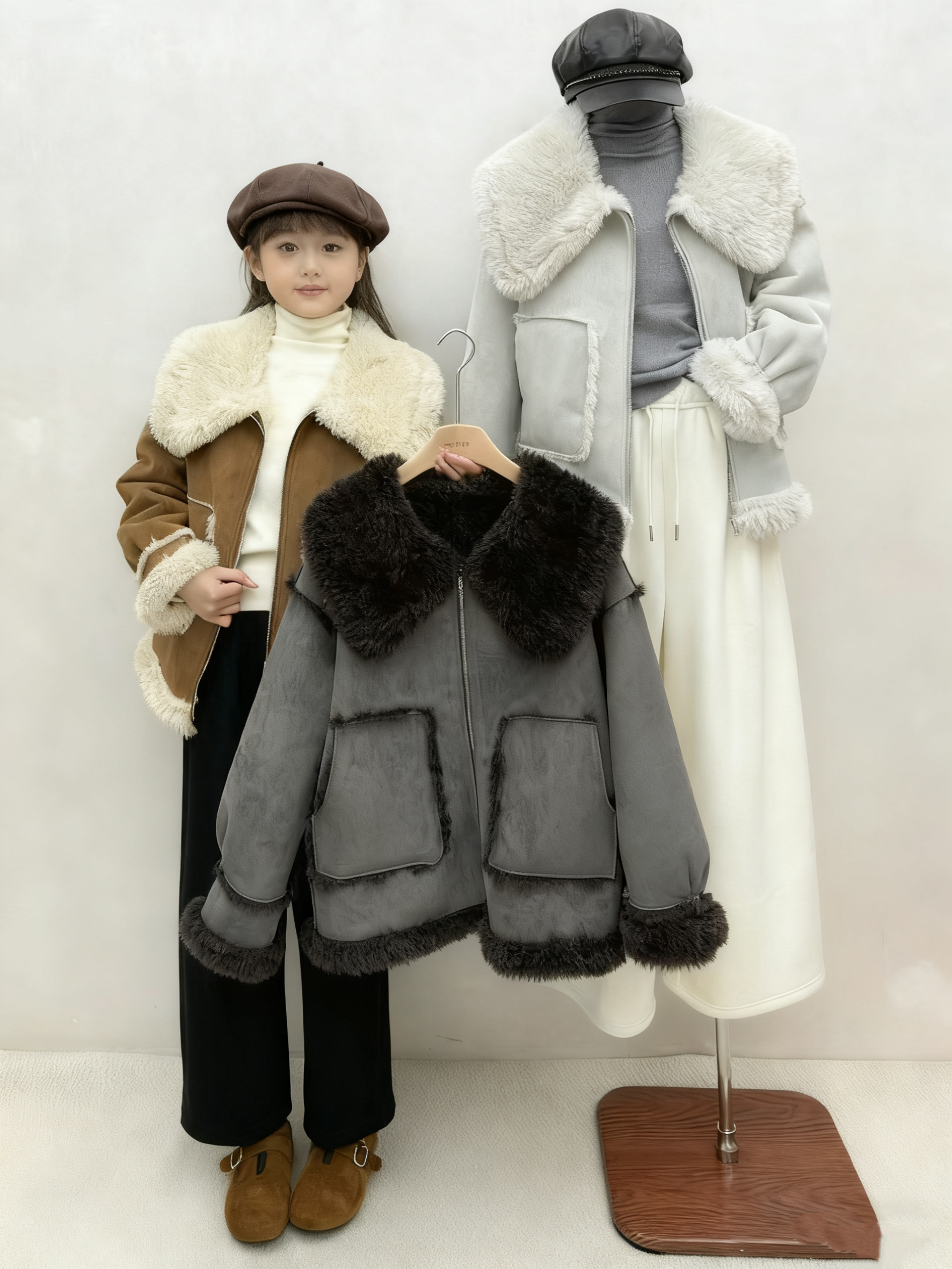 683大翻领皮毛一体短外套冬季微胖mm大码女洋气翻驳领加厚机车服
