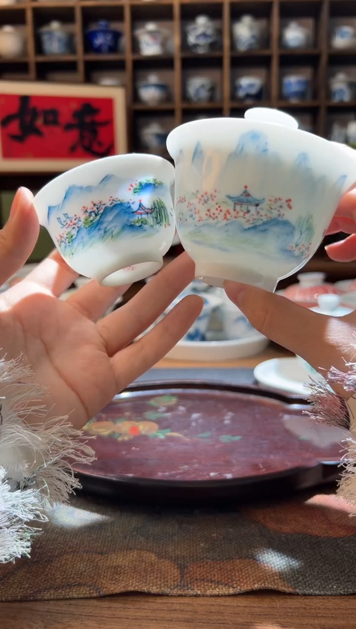 【闪购商品】五彩山水元宝盖碗+送一杯