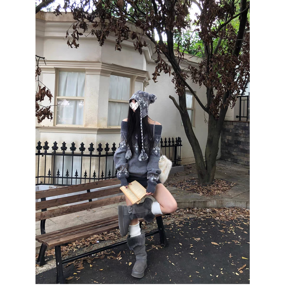 氛围感穿搭红色一字肩费尔岛毛衣女2025秋冬新款慵懒风上衣#Y1365