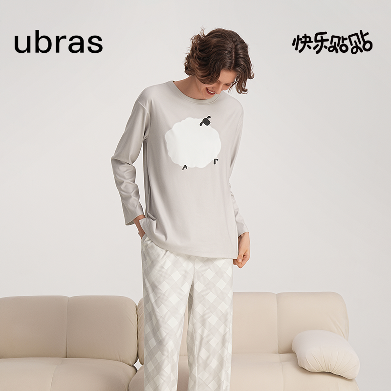 ubras秋冬家居服奶酪绒萌化动物圆领套头长袖长裤套装宽松情侣