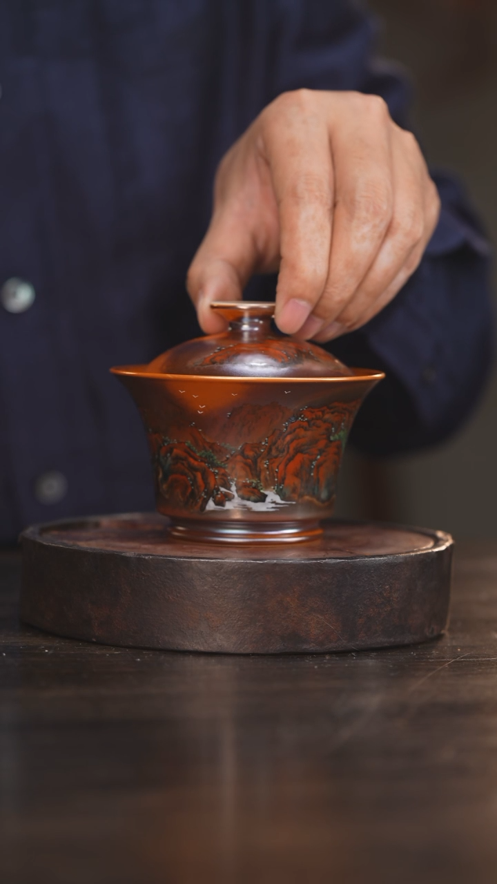 【闪购商品】杯131柴房陶瓷丨金红山水盖碗